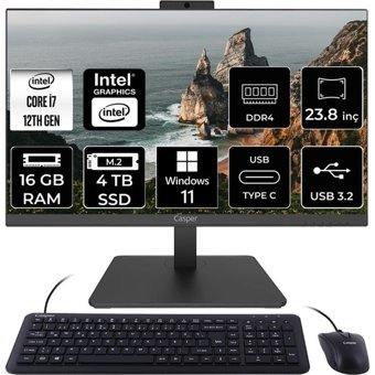 Casper Nirvana A600 A6H.1270-BV00X-V C1270AIO365 Dahili UHD Graphics Intel Core i7 12700 16 GB Ram 4 TB SSD 23.8 inç Full HD Windows 11 Home All In One Bilgisayar