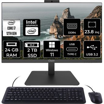 Casper Nirvana A600 A60.1255-DF00X-V C1255AIO374 Dahili Iris Xe Graphics Intel Core i7 1255U 24 GB Ram 2 TB SSD 23.8 inç Full HD Windows 11 Home All In One Bilgisayar