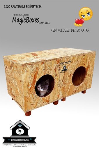 Kedigram İkili Dikdörtgen Su Geçirmez Dış Mekan Kedi Evi Ahşap Rengi