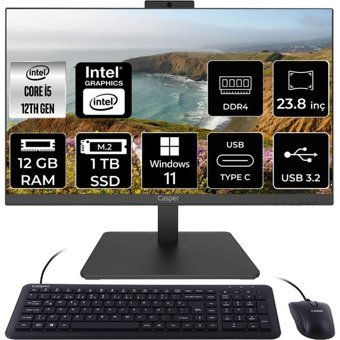 Casper Nirvana A600 A60.1235-8V00X-V C1235AIO358 Dahili Iris Xe Graphics Intel Core i5 1235U 12 GB Ram 1 TB SSD 23.8 inç Full HD Windows 11 Home All In One Bilgisayar