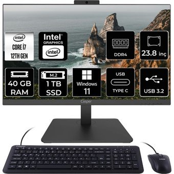 Casper Nirvana A600 A6H.1270-BV00X-V C1270AIO388 Dahili UHD Graphics Intel Core i7 12700 40 GB Ram 1 TB SSD 23.8 inç Full HD Windows 11 Home All In One Bilgisayar