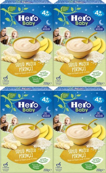 Hero Baby Gece İnek Sütlü Tahıllı Meyveli Pirinçli Kaşık Maması 4x200 gr