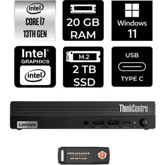 Lenovo ThinkCentre M70Q Gen 4 12E30015TRP419 Dahili Intel UHD Graphics 770 Intel Core i7 13700T 20 GB 2 TB Windows 11 Pro Mini Pc + Per4 USB Flash Bellek