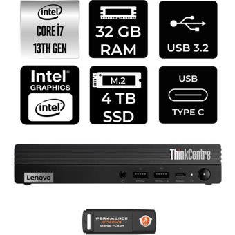 Lenovo ThinkCentre M70Q Gen 4 12E30015TRP330 Dahili Intel UHD Graphics 770 Intel Core i7 13700T 32 GB 4 TB FreeDos Mini Pc + Per4 USB Flash Bellek