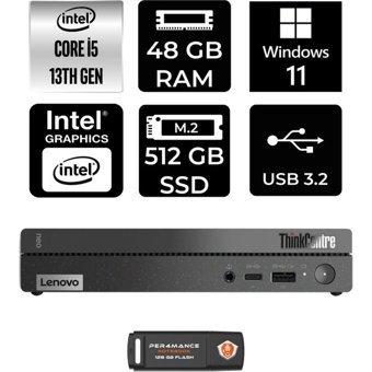 Lenovo ThinkCentre 50Q Gen 4 12LN0048TRP392 Dahili Intel UHD Graphics Intel Core i5 13420H 48 GB 512 GB Windows 11 Home Mini Pc + Per4 USB Flash Bellek