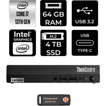 Lenovo ThinkCentre M70Q Gen 4 12E30015TRP350 Dahili Intel UHD Graphics 770 Intel Core i7 13700T 64 GB 4 TB FreeDos Mini Pc + Per4 USB Flash Bellek