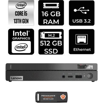 Lenovo ThinkCentre 50Q Gen 4 12LN0048TRP312 Dahili Intel UHD Graphics Intel Core i5 13420H 16 GB 512 GB FreeDos Mini Pc + Per4 USB Flash Bellek