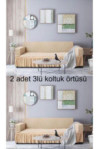 Gerbera Home Collection Pamuklu - Polyester Bürümcük Fırfırlı Süngersiz Kapitone Giydirmeli Krem Üçlü Koltuk Örtüsü 180x230 cm