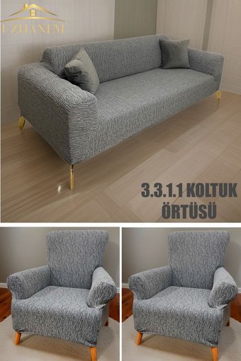 Uzhanem Pamuklu - Polyester Bürümcük-Likralı Jakarlı Süngerli Çizgili Giydirmeli Gri Dörtlü Koltuk Örtüsü 180x230 cm