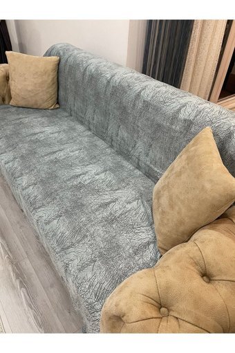 Natural Pamuklu - Polyester Saçaklı Süngersiz Düz Yeşil Tekli Koltuk Örtüsü 180x215 cm