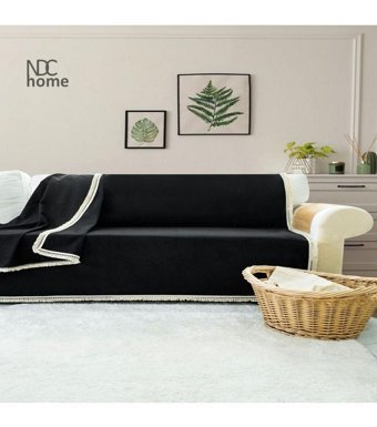 Ndc Home Premium Keten Ponponlu Süngersiz Düz Siyah Tekli Koltuk Örtüsü 170x220 cm