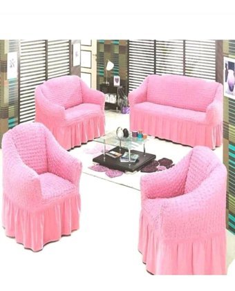 Akbu Pamuklu - Polyester Bürümcük Fırfırlı Süngersiz Giydirmeli Lastikli Pembe Dörtlü Koltuk Örtüsü 183x230 cm