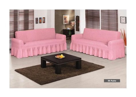 Armağan Pamuklu - Polyester Bürümcük Fırfırlı Süngersiz Giydirmeli Lastikli Pembe İkili Koltuk Örtüsü 140x180 cm