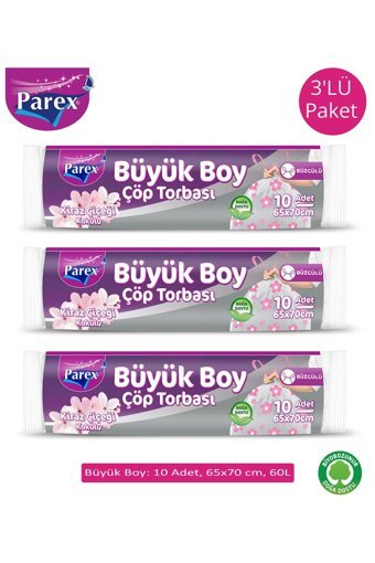 Parex Kiraz Çiçeği Kokulu Büzgülü Büyük Boy 65x70 cm Çöp Poşeti 10x3 Adet Gri