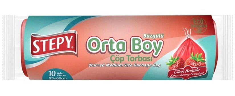 Stepy Çilekli Kokulu Büzgülü Orta Boy 55x60 cm Çöp Poşeti 10 Adet Kırmızı