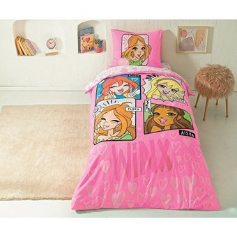 Taç Pamuk 160x220 cm Lastikli Winx Club Tek Kişilik Nevresim Takımı Pembe