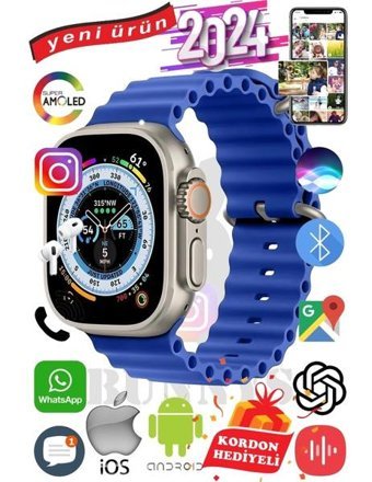 Bunnys Ultra Max 2024 Android GPS 49 mm Silikon Kordon Oval Unisex Akıllı Saat Mavi + Kordon Hediye