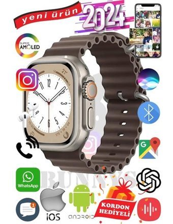 Bunnys Ultra Max 2024 Android GPS 49 mm Silikon Kordon Oval Unisex Akıllı Saat Kahverengi + Kordon Hediye