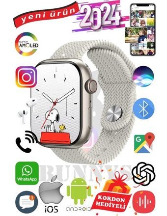 Rabbit Store Watch 9 Max+ 2024 Android GPS 45 mm Silikon Örgü Kordon Oval Unisex Akıllı Saat Krem + Kordon Hediye