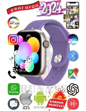 Bunnys Watch 9 Max+ 2024 Android GPS 45 mm Silikon Örgü Kordon Oval Unisex Akıllı Saat Mor + Kordon Hediye