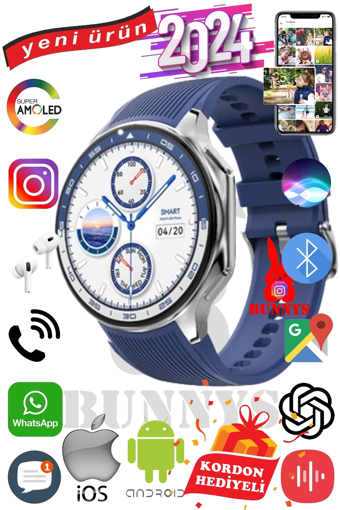 Bunnys Hello HT-23 Android 46 mm Silikon Kordon Yuvarlak Erkek Akıllı Saat Mavi + Kordon Hediye