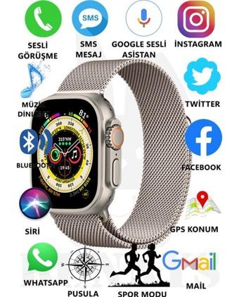 Bunnys Watch 8 Ultra Android GPS 49 mm Silikon Kordon Oval Unisex Akıllı Saat Gül Pembesi