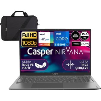 Casper Nirvana X600.139H-16-256 Harici Intel Iris Xe Graphics Eligible Intel Core i7 11390H 16 GB Ram 256 GB SSD 15.6 inç Full HD FreeDos Laptop + Çanta