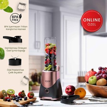 Schafer Stormy 600 ml Plastik Hazneli Buz Kırıcılı Turbolu 4 Bıçaklı Kişisel Tekli Mini El Blender Gül Kurusu