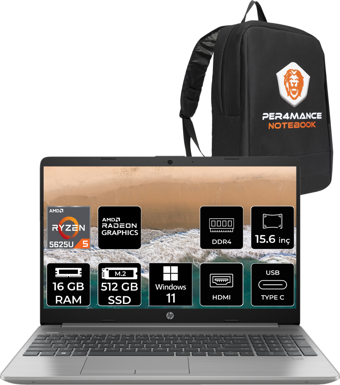 HP 255 G9 723Q2EA Harici AMD Radeon RX Vega 7 AMD Ryzen 5 5625U 16 GB Ram 512 GB SSD 15.6 inç Full HD Windows 11 Pro Laptop + Per4 Çanta