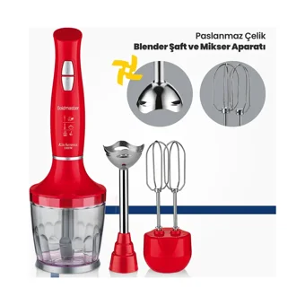 Goldmaster Kitchenmix 3 ın 1 800 ml Plastik Hazneli Turbolu 3'lü Blender Seti Kırmızı