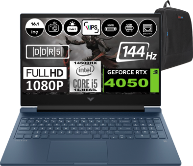 HP Victus 16 R1063NT 9J265EAP05 Harici GeForce RTX 4050 Intel Core i5 14500HX 32 GB DDR5 Ram 1 TB SSD 16.1 inç Full HD Windows 11 Pro Oyuncu Laptop + Zetta Çanta