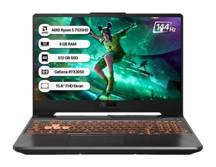 Asus Tuf Gaming A15 FA506NC-HN050 Harici GeForce RTX 3050 AMD Ryzen 5 7535HS 8 GB Ram 512 GB SSD 15.6 inç Full HD FreeDos Oyuncu Laptop