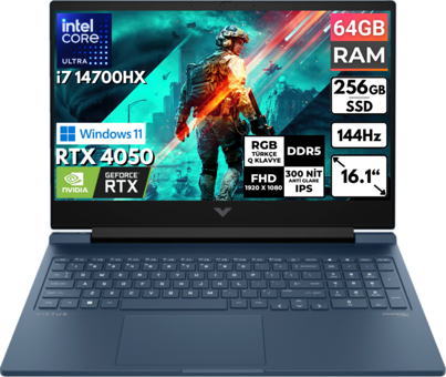 HP Victus 16 R1051NT 9J253EA BT54 Harici GeForce RTX 4050 Intel Core i7 14700HX 64 GB Ram 256 GB SSD 16.1 inç Full HD Windows 11 Pro Oyuncu Laptop