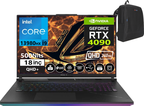 Asus Rog Strix Scar 18-N604021 Harici GeForce RTX 4090 Intel Core i9 13980HX 64 GB Ram 1 TB SSD 18 inç QHD+ Windows 11 Pro Oyuncu Laptop + Zetta Çanta