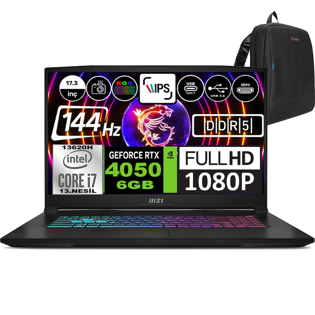 MSI Katana 17 B13VEK1035XTRWP10 Harici GeForce RTX 4050 Intel Core i7 13620H 64 GB Ram 1 TB SSD 17.3 inç Full HD Windows 11 Pro Oyuncu Laptop + Zetta Çanta