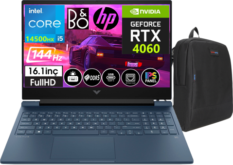 HP Victus 16 R1057NT VCS9J260EA22 Harici GeForce RTX 4060 Intel Core i5 14500HX 32 GB DDR5 Ram 512 GB SSD 16.1 inç Full HD Windows 11 Pro Oyuncu Laptop + Zetta Çanta