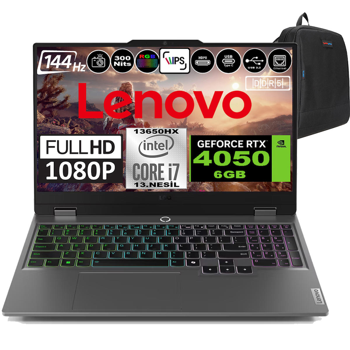 Lenovo LOQ 15IRX9 83DV00G7TRP05 Harici GeForce RTX 4050 Intel Core i7 13650HX 32 GB DDR5 Ram 512 GB SSD 15.6 inç Full HD Windows 11 Pro Oyuncu Laptop + Zetta Çanta