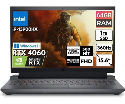 Dell Gaming G15 5530 G155530017U BT3 Harici GeForce RTX 4060 Intel Core i9 13900HX 64 GB Ram 1 TB SSD 15.6 inç Full HD Windows 11 Home Oyuncu Laptop