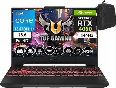 Asus Tuf Gaming F15 FX507VV-LP24228 Harici GeForce RTX 4060 Intel Core i7 13620H 64 GB Ram 4 TB SSD 15.6 inç Full HD Windows 11 Home Oyuncu Laptop + Zetta Çanta