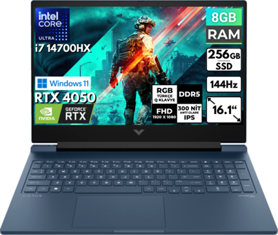 HP Victus 16 R1051NT 9J253EA BT25 Harici GeForce RTX 4050 Intel Core i7 14700HX 8 GB Ram 256 GB SSD 16.1 inç Full HD Windows 11 Home Oyuncu Laptop