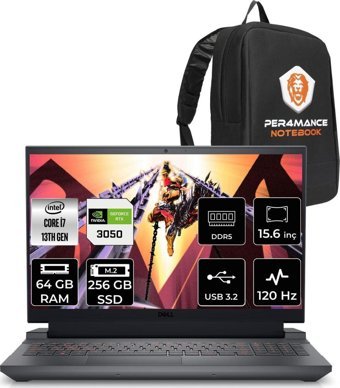 Dell Gaming G15 5530 G55302401005U Harici GeForce RTX 3050 Intel Core i7 13650HX 64 GB Ram 256 GB SSD 15.6 inç Full HD FreeDos Oyuncu Laptop + PER4 Çanta