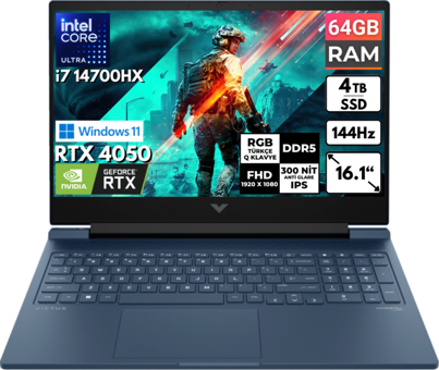 HP Victus 16 R1051NT 9J253EA BT74 Harici GeForce RTX 4050 Intel Core i7 14700HX 64 GB Ram 4 TB SSD 16.1 inç Full HD Windows 11 Pro Oyuncu Laptop