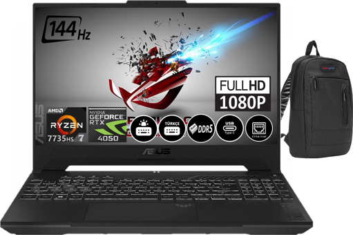 Asus TUF Gaming A157735HS LP05310 Harici GeForce RTX 4050 AMD Ryzen 7 7735HS 16 GB DDR5 Ram 512 GB SSD 15.6 inç Full HD Windows 11 Home Oyuncu Laptop + Zetta Çanta