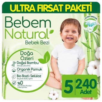 Bebem Natural Doğa Özleri 5 Numara Organik Göbek Oyuntulu Cırtlı Bebek Bezi 3x80 Adet