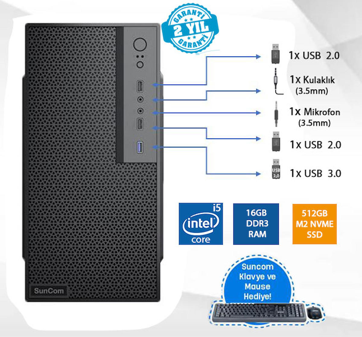 Suncom Force SC3-108 Dahili Intel HD Graphics 4600 Intel Core i5 4460 16 GB Ram 512 GB SSD Tower FreeDos Masaüstü Bilgisayar