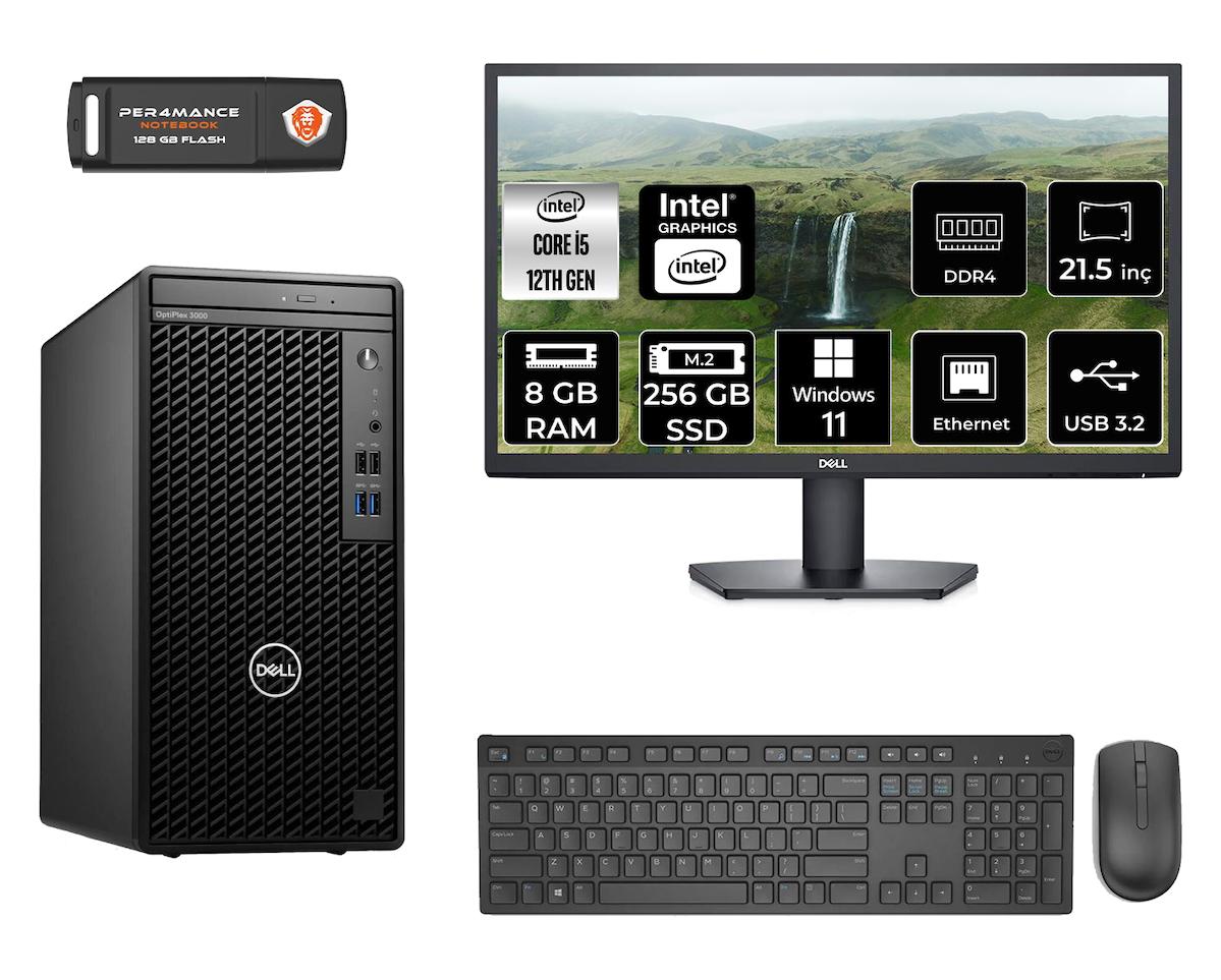 Dell Optiplex 3000 MNO3000D051 Dahili Intel UHD Graphics 770 Intel Core i5 12500 8 GB Ram 256 GB SSD Tower Windows 11 Home 21.5 inç Monitörlü Masaüstü Bilgisayar