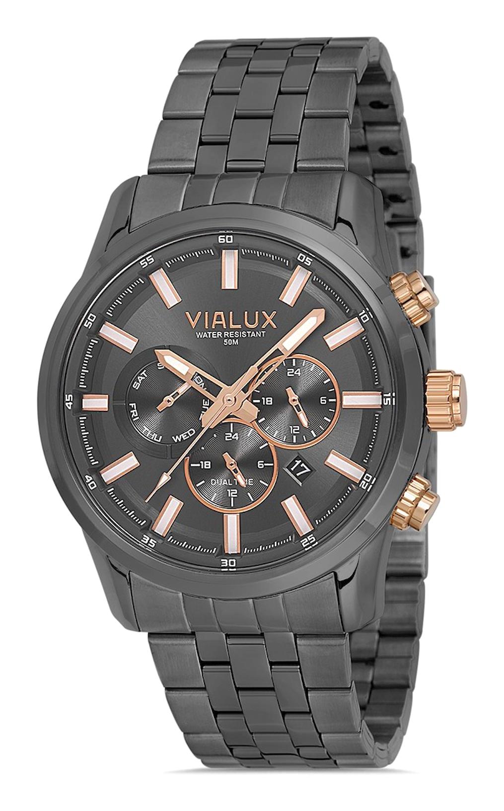 Vialux VX578N-05SR Takvimli 45 mm Siyah Çelik Kordon Analog Erkek Kol Saati