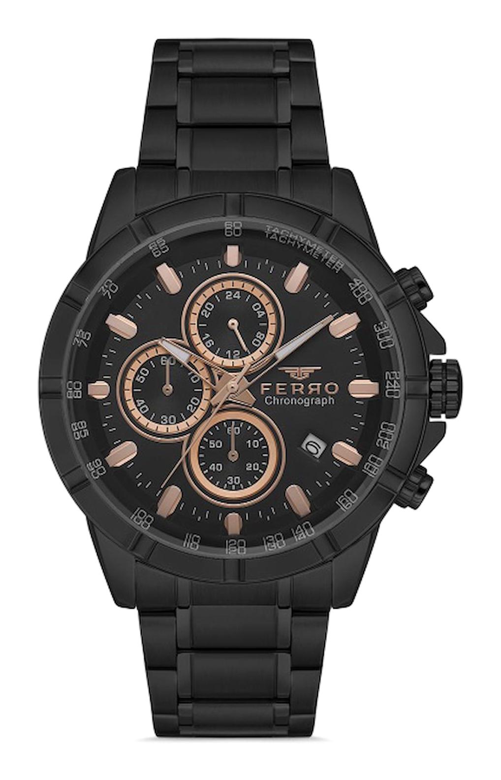 Ferro FM31456A-G Takvimli 44 mm Siyah Metal Kordon Analog Erkek Kol Saati