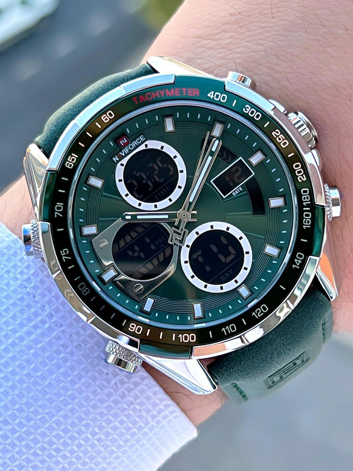 Naviforce ENF9197G Takvimli 44 mm Yeşil Deri Kordon Analog Erkek Kol Saati