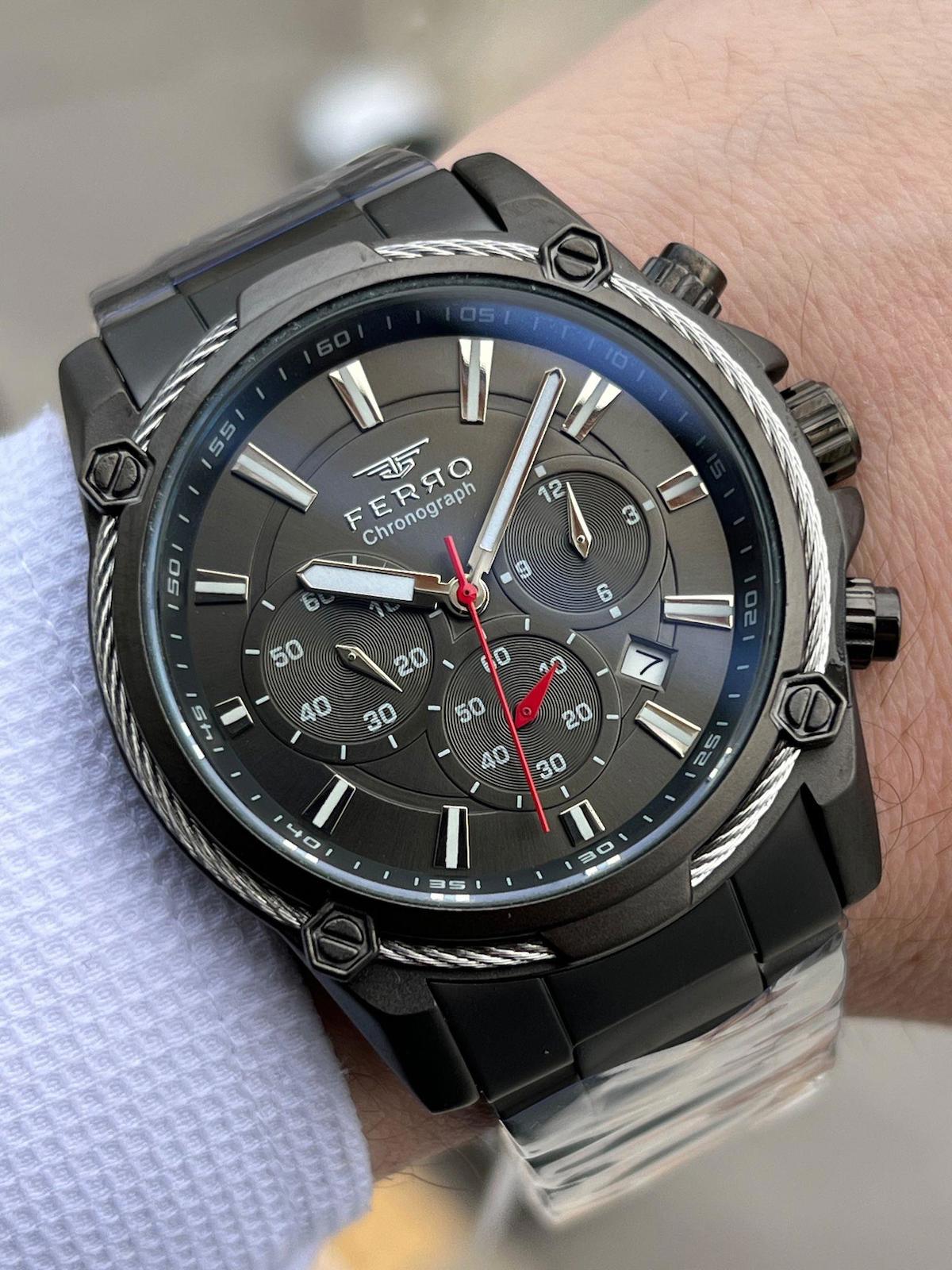 Ferro XF0042 Su Geçirmez Takvimli 44 mm Siyah Çelik Kordon Analog Erkek Kol Saati